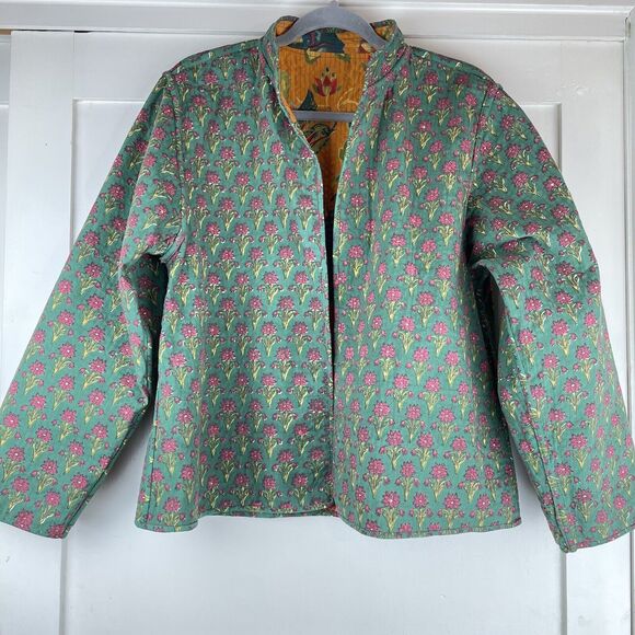 Handprint Long Sleeve Open Front Jacket Women’s M/L Orange Green Floral Cotton - Picture 4 of 16